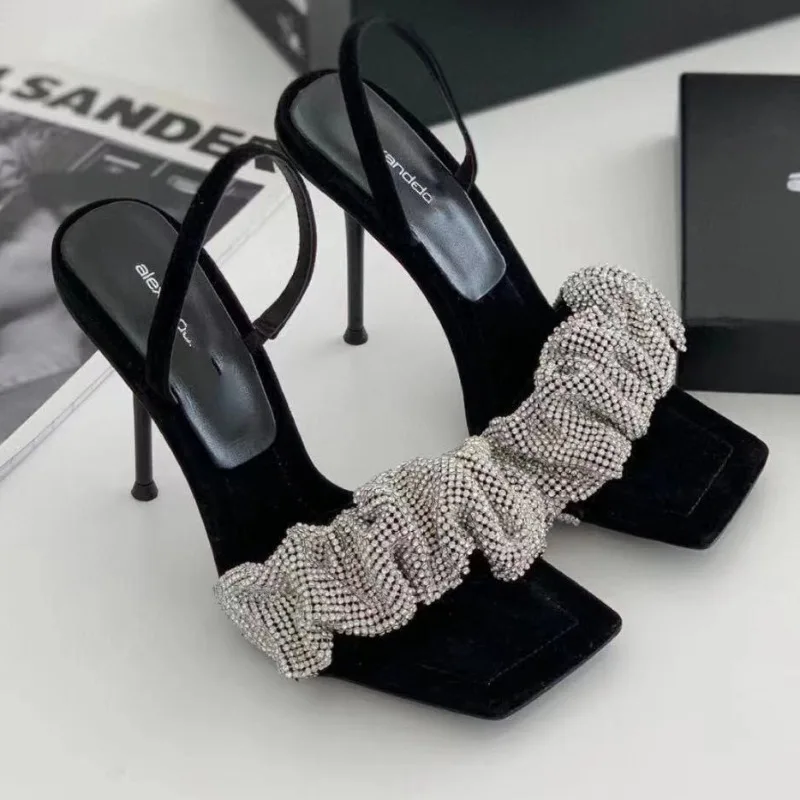 New Summer Fashion Design PU High Heels Women's Shoes Square Toe 7 Cm Non Slip Rhinestone Pumps Bling Women Sandals