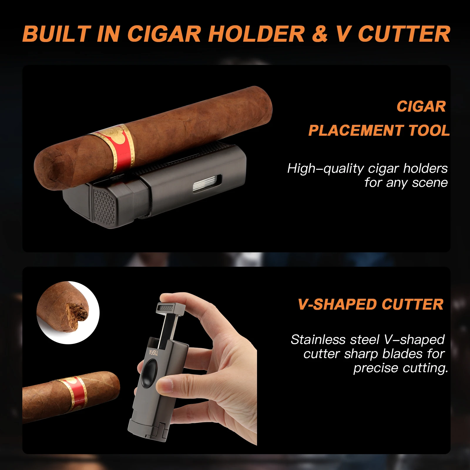 Cigar Humidor, Leather Cedar Wood Cigar Case with Cigar Lighter, V Cut Cigar Cutter,Cigar Holder 3 in 1 Travel Cigar Humidor Box