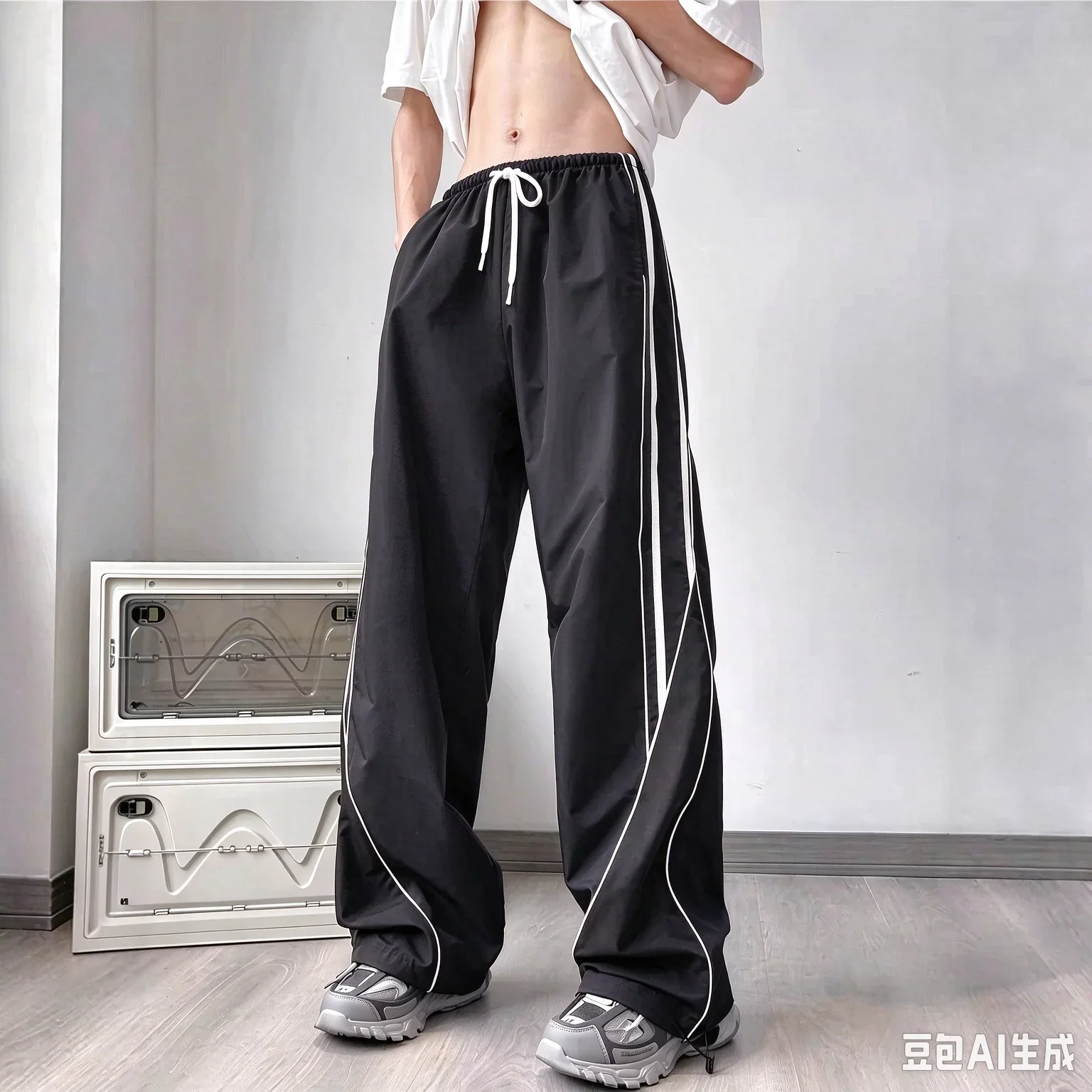 Heißer Verkauf Unisex gebogene weiße Seitenstreifen-Fallschirmhose mit weitem Bein, lockere Baggy-Hose für Herren, Hip-Hop-Streetwear, lässige Sporthose – Detail 3