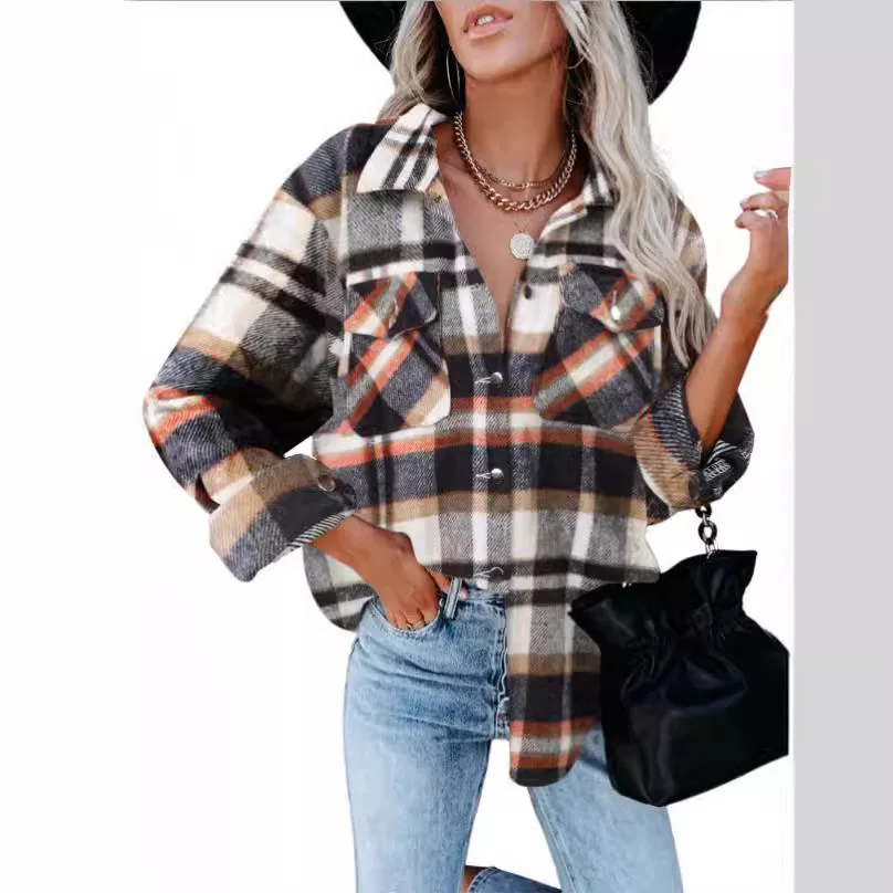 Wish Women's New Woolen Shirt Long Sleeved Checkered Jacket