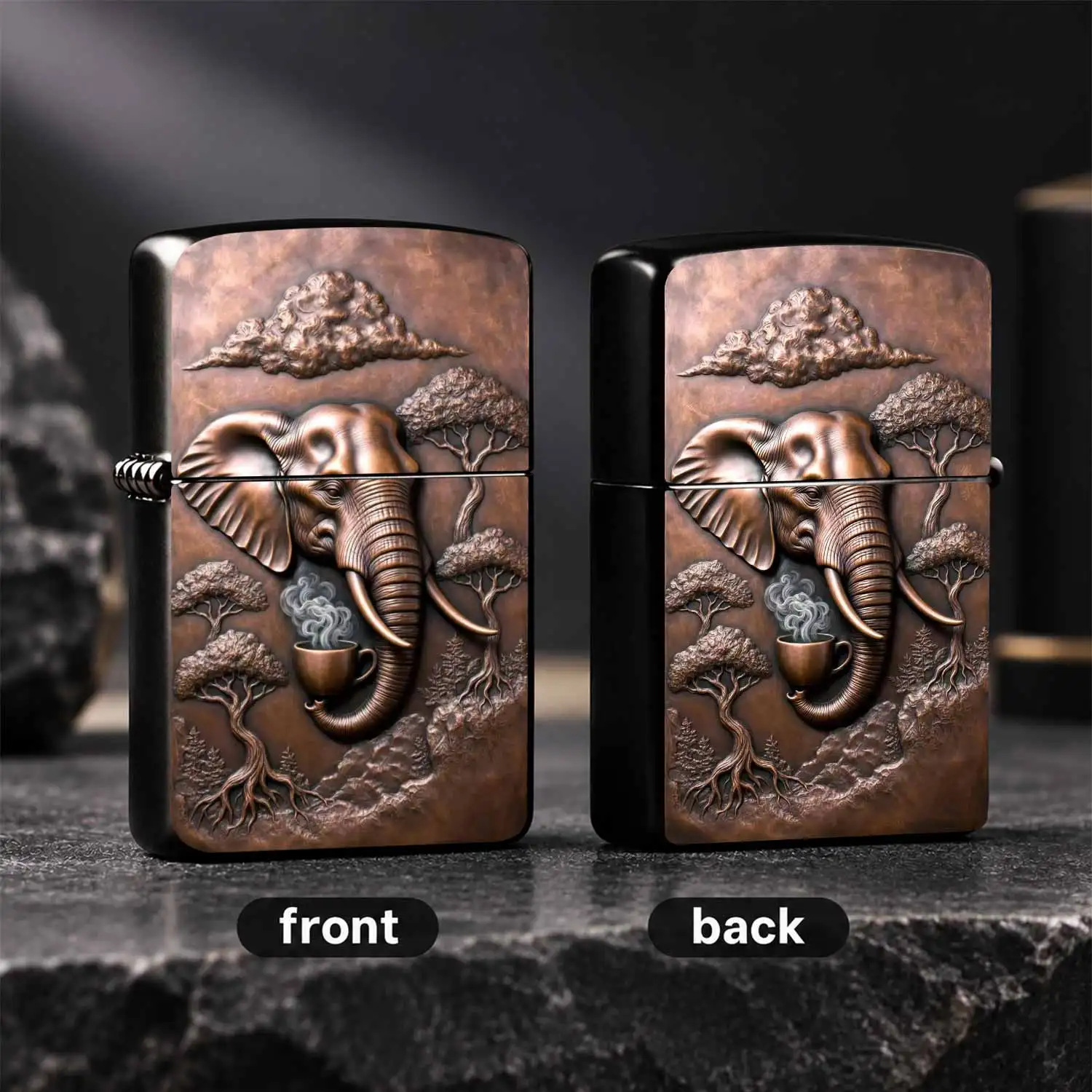 Vintage Relief Style Lighter With Exquisite African Elephant Holding Hot Coffee Design, Artistic Savannah Tree Cloud Pattern Decor, Portable Unique Creative Gift For Friends, Suitable For Daily Travel Camping Casual And All Kinds Of Scenes