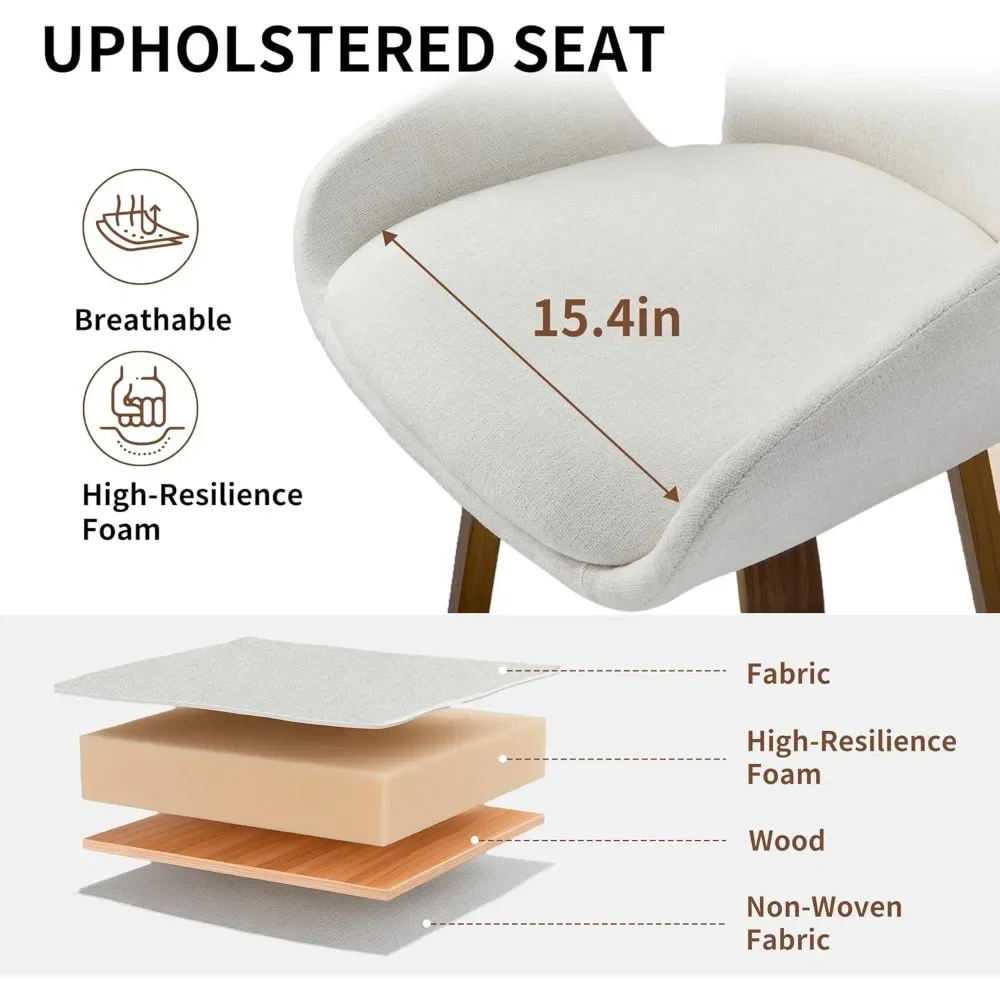 Beige Fabric Swivel Bar Stools with Back, Walnut Bentwood Mid-Century Design, Modern Set of 2 Bar Chairs with Curved Back.