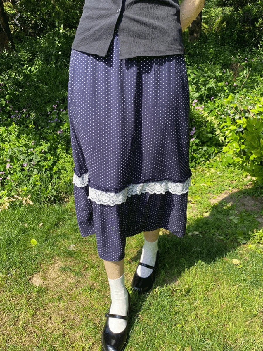 

Patchwork Lace Polka Dot Skirts Summer Elastic High Waist Cotton A-line Faldas Women Preppy Style Casual Sweet Navy Long Skirts