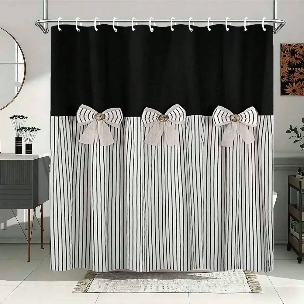 1 Pc 2D Flat Black And White Striped Shower Curtain, Durable Polyester Bathroom Curtain, Quick-Dry & Easy-Hang Bathtub Curtain,