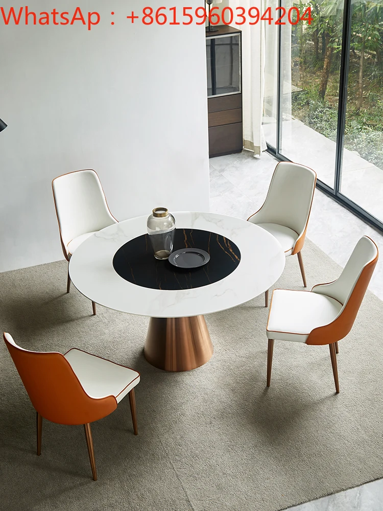 Light luxury slate dining table and chair combination Nordic simple post-modern built-in turntable household round table