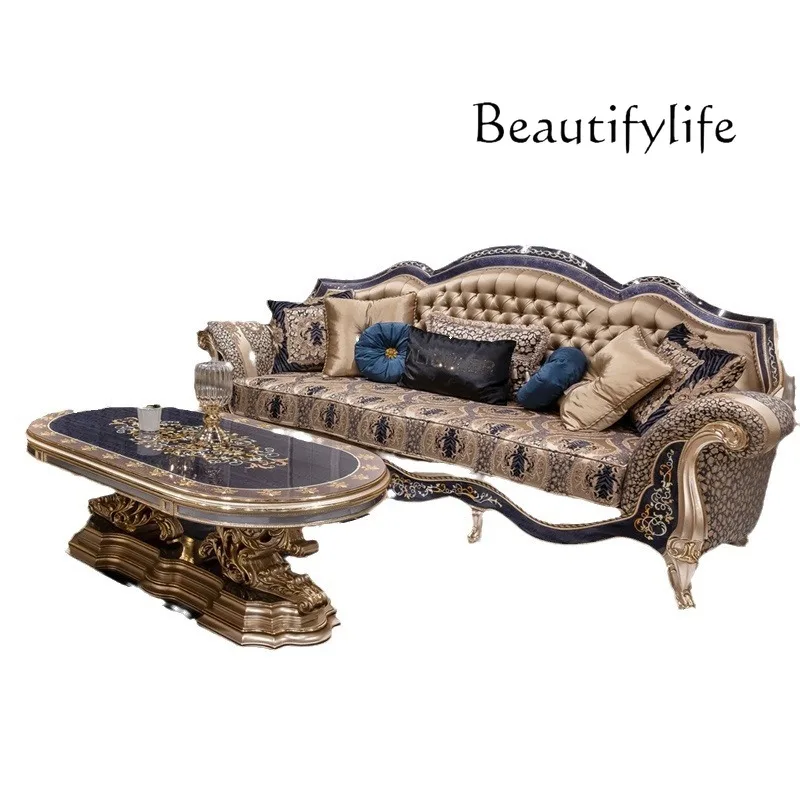 

Luxury European solid wood carving flower sofa inlaid shell living room combination sofa furniture