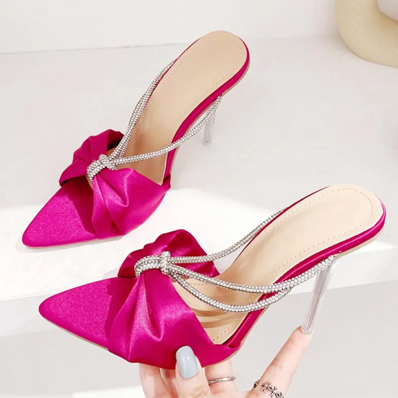 

Sexy Rhinestones Women Slippers Summer Satin Comfort Thin Heels Sandals Women Elegant Party Shoe Fashion High Heels Mules Slides