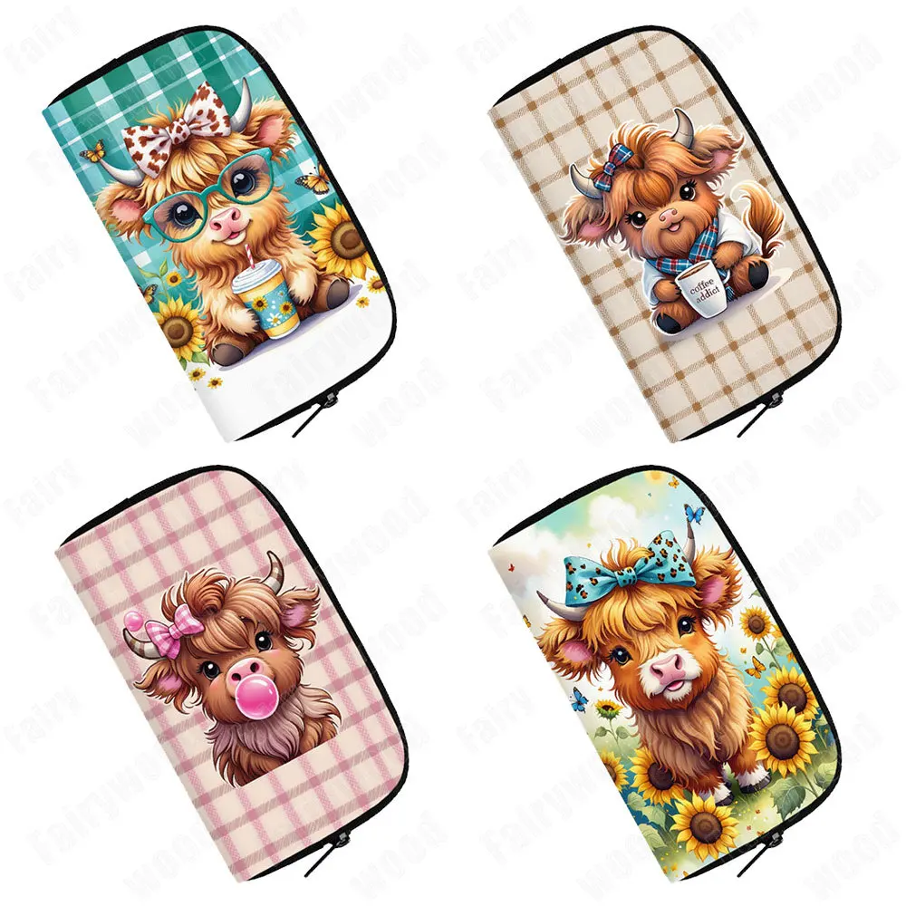 Highland Cow Print wallet Baby Scottish Highland Cows Having Coffee/ Bubble Tea Women Credit Card Holder Long Wallet Money Purse
