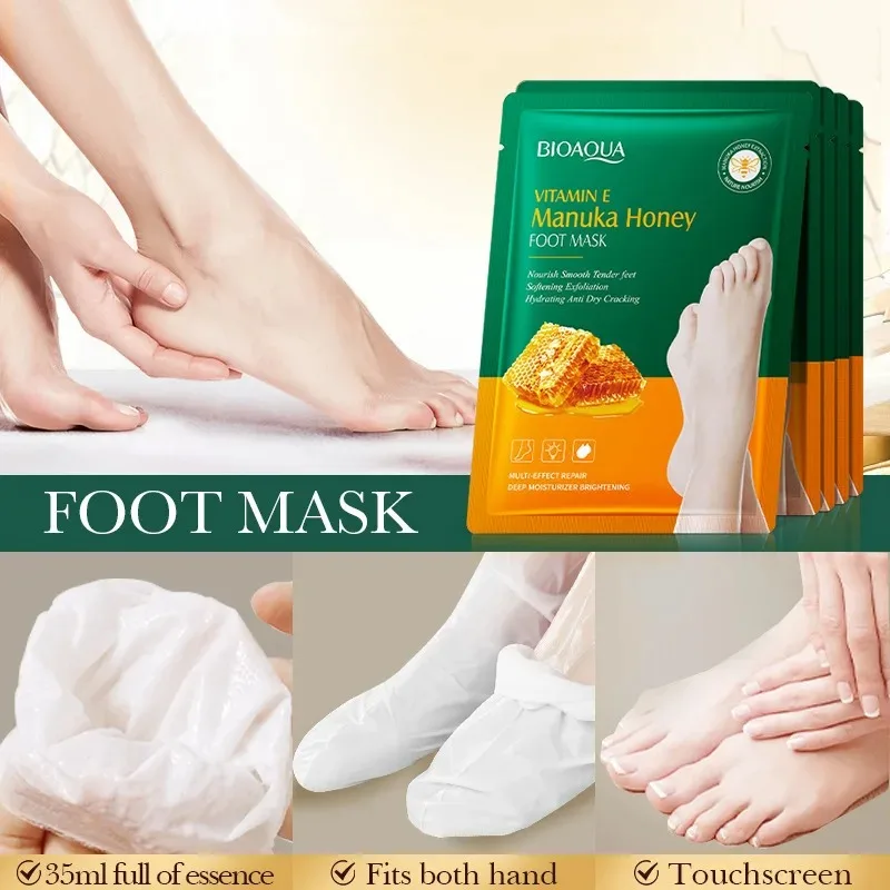 6-Pack Vitamin E & Manuka Honey Deeply Moisturizing Foot Mask - Overnight Hydration for Extremely Dry, Cracked Feet - Alcohol-Free Formula - Winter, Foot Spa, and Home Spa Care - Skin-Friendly Nourishment, Alcohol-Free Solution