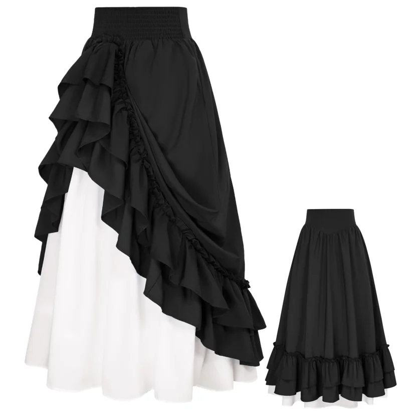 عصر النهضة زي المرأة الظهر مزدوجة كشكش طويل Shiring تنورة الخصر شريط مرن ماكسي طول عادية طبقة مزدوجة تنورة زر