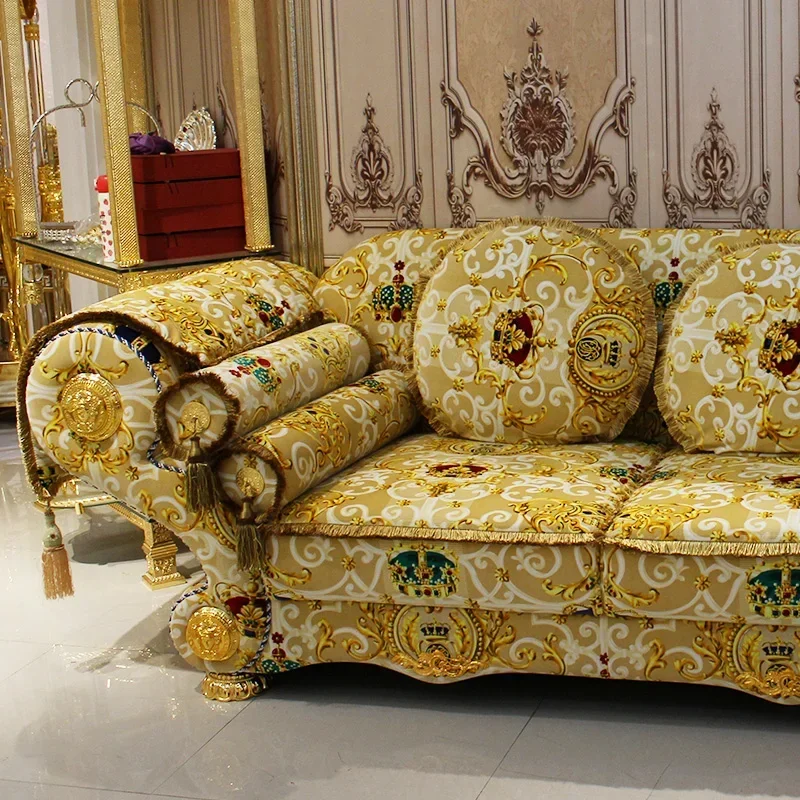 European luxury sedentary comfortable double sofa living room luxury household cloth gold plated carved leisure sofa