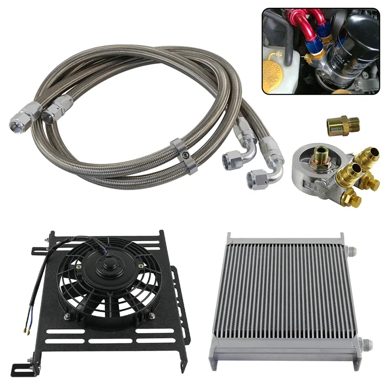 34 Row Oil Cooler 80 °C Thermostat Adapter 3/4x16UNF and M20x1.5 +7'' Electric Fan Transmission Engine Universal Black/Silver