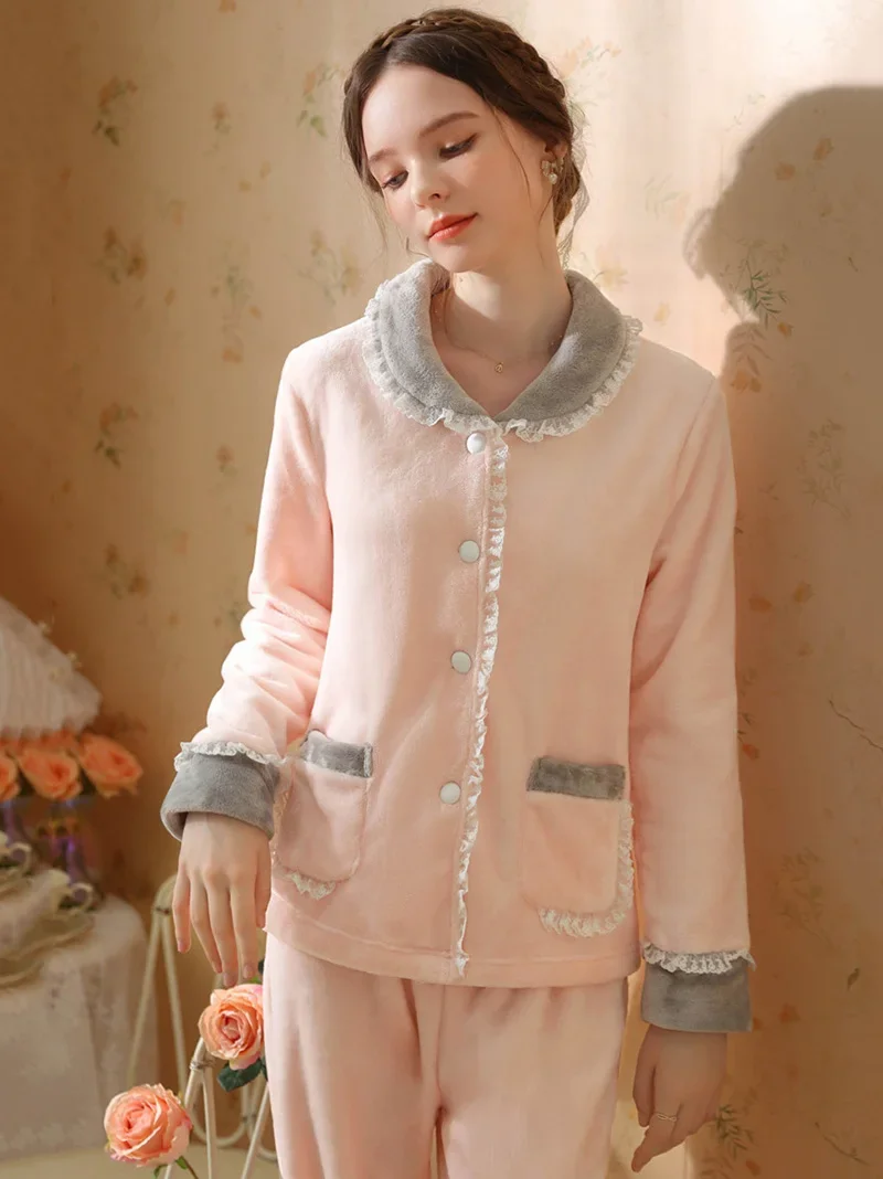 

Women Flannel Velvet Princess Pajamas Two Piece Sets Sweet Girls Autumn Winter Coral Plush Thick Cute French Sleepwear Nightwear