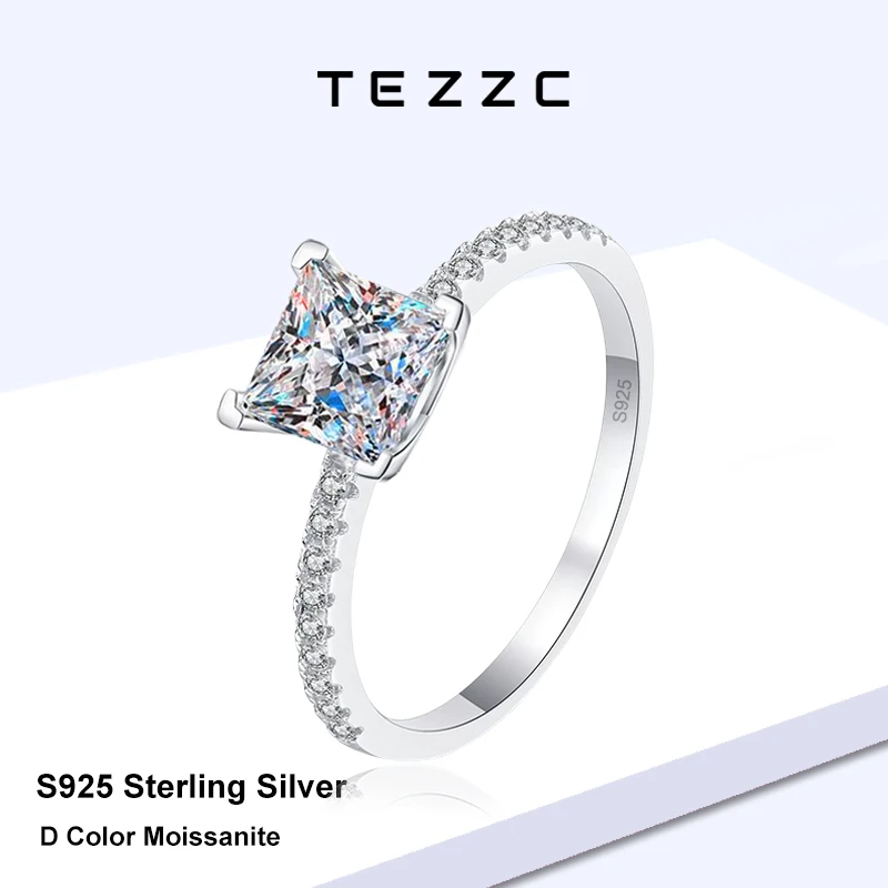 

Tezzc 1carat Princess Square Cut Moissanite Diamond Ring 925 Sterling Silver Engagement Wedding Ring For Women Fine Jewelry Gift