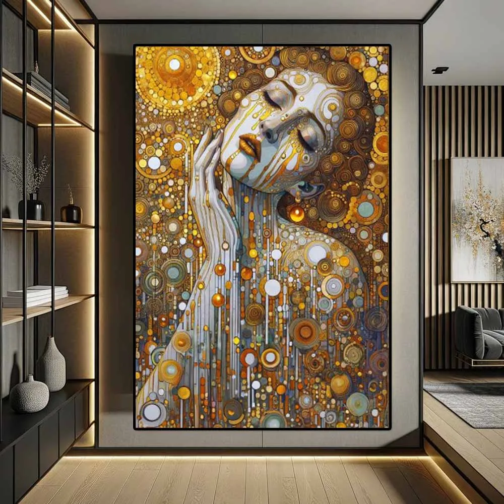 Gustav Klimt Style Female Portrait Art Poster Print Abstract Golden Tears Canvas Painting Modern Wall Art Living Room Home De
