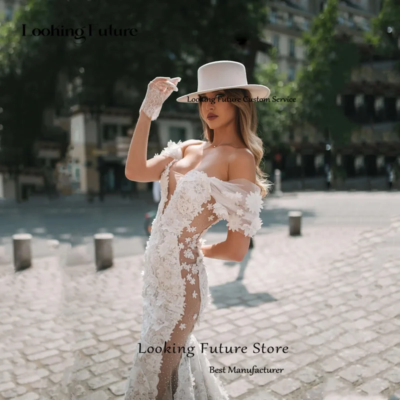 カスタムメイドの豪華なアイボリーマーメイドウェディングドレス、レースアップリケ、オフショルダーブライダルガウン、イリュージョンVネック、オープンバック、ロングトレーン