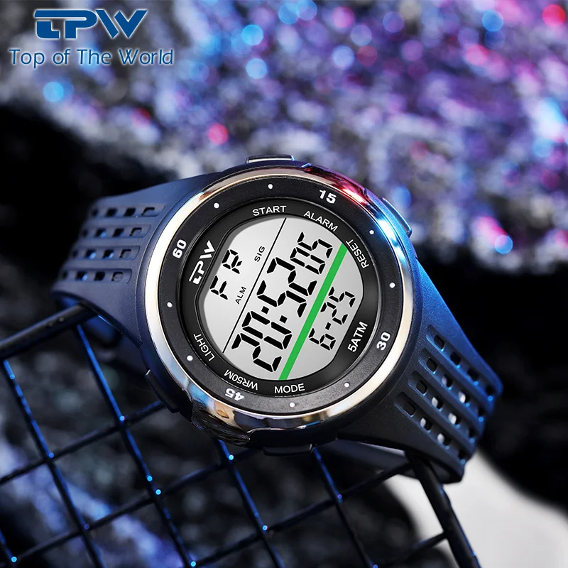 Men's Trendy Rubber Digital LED Display Sport Watch 5ATM Waterproof Electronic Plastic Wrist Watch with Alarm Clock Stopwatch