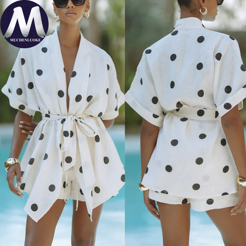 

Женский комплект из 2 предметов, летние новые топы в горошек с короткими рукавами на шнуровке, модные повседневные свободные короткие комплекты для пляжного отдыха