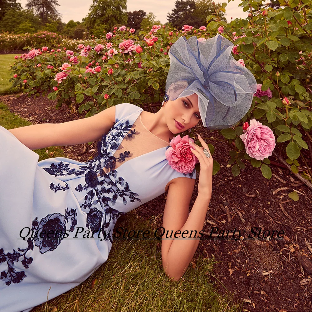 Vestido azul claro para madre de la novia con apliques azul marino, cuello en V, manga casquillo, longitud hasta el tobillo, una línea, vestidos de fiesta de boda, vestido de invitados