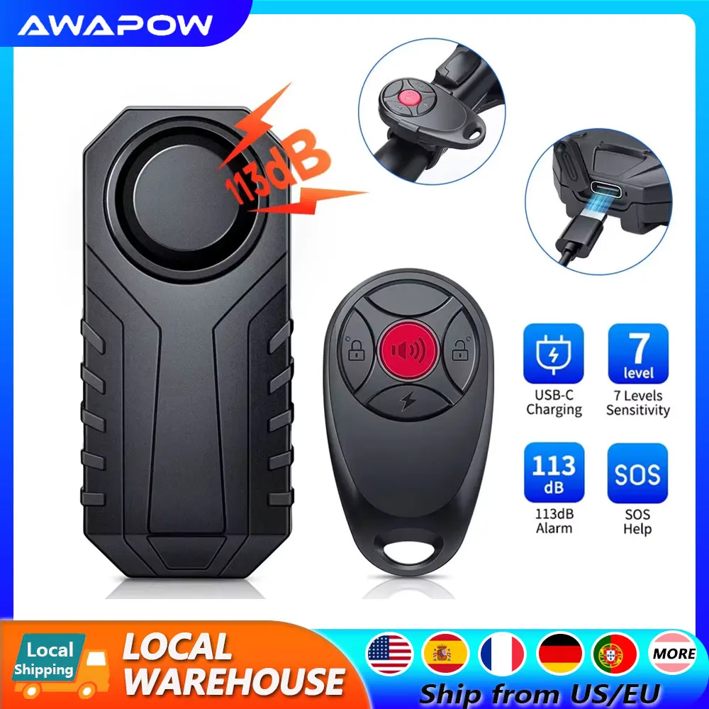 Awapow Anti Theft Bicycle Alarm 113dB Wireless Motorcycle Bike Alarm  USB-C Rechargeable With Bracket Waterproof Remote Control