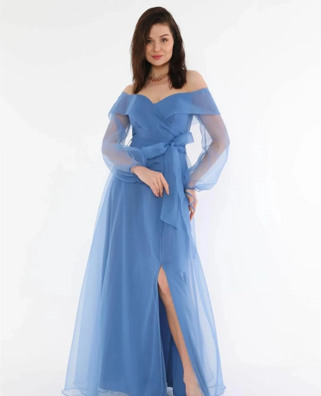 Off Shoulder Evening Dresses Side Slit A-Line Blue Party Gown Long Organza Formal Gowns Floor Length With Bow Prom Dresses