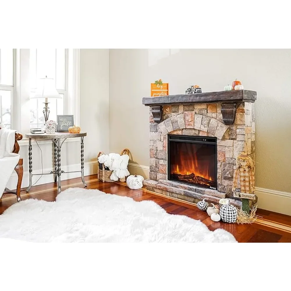 LED Electric Fireplace Stove with Imitation Wood and Stone Wall Frame - Remote Control -3D Wood and Fire