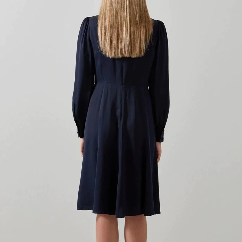 Navy Blue Viscose Jewel Buttons Midi Shirt Dress UK 10 12 14 16