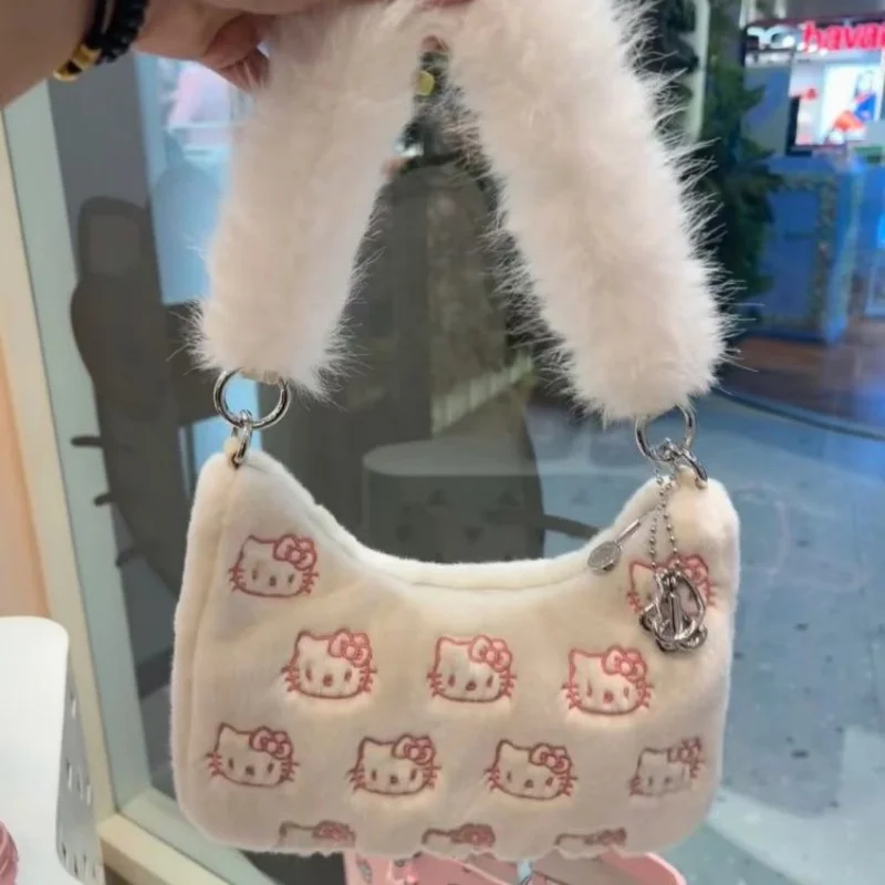 Hello Kitty Black and White Underarm Bag Embroidery Pattern Plush Shoulder Bag Zipper Handbag Cartoon Birthday Gift for Women