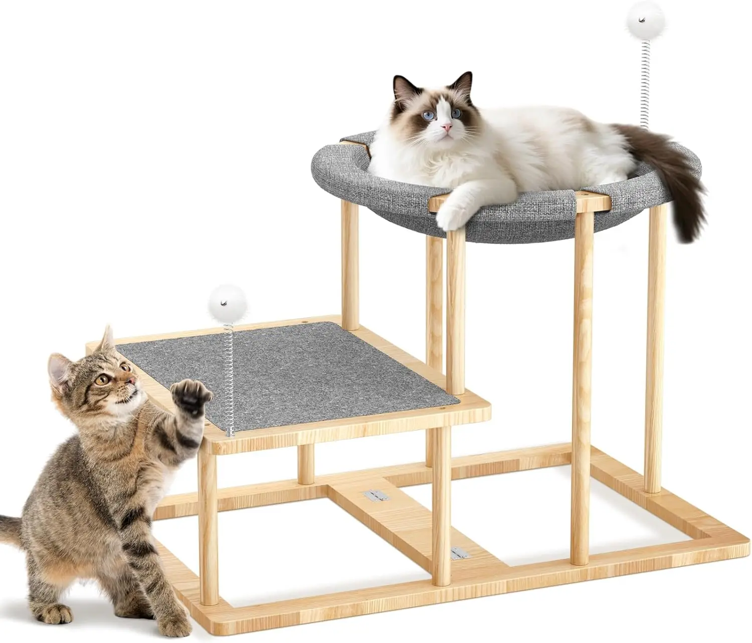 

2-Tier Cat Hammock Bed with Scratch Mat & Toys, Wooden Climbing Furniture for Indoor Cats