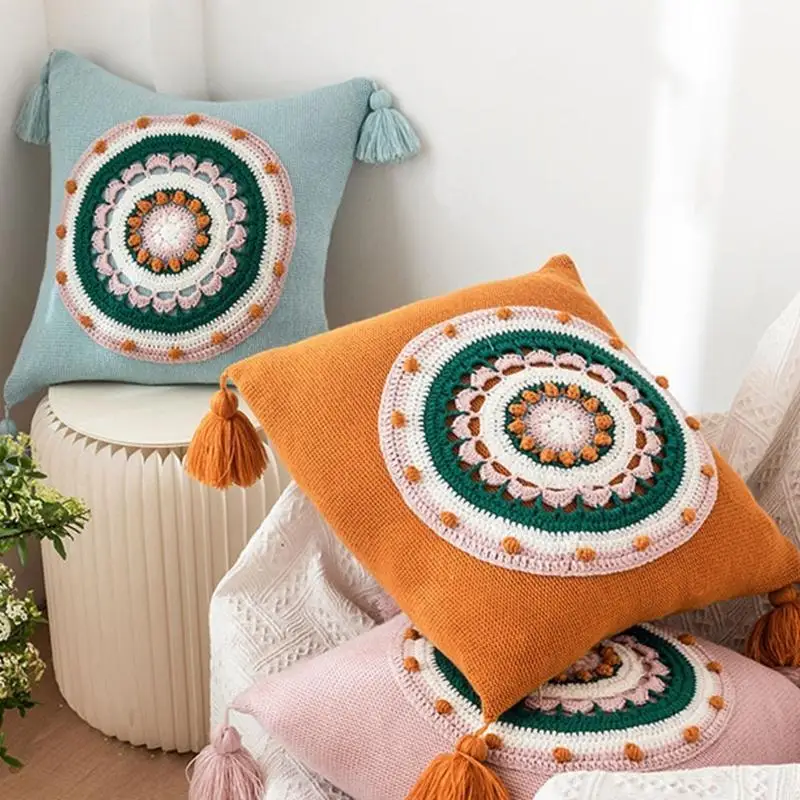 

Вязаная декоративная подушка в стиле бохо для чехла с кисточками в этническом стиле, красочная круглая декоративная подушка с и