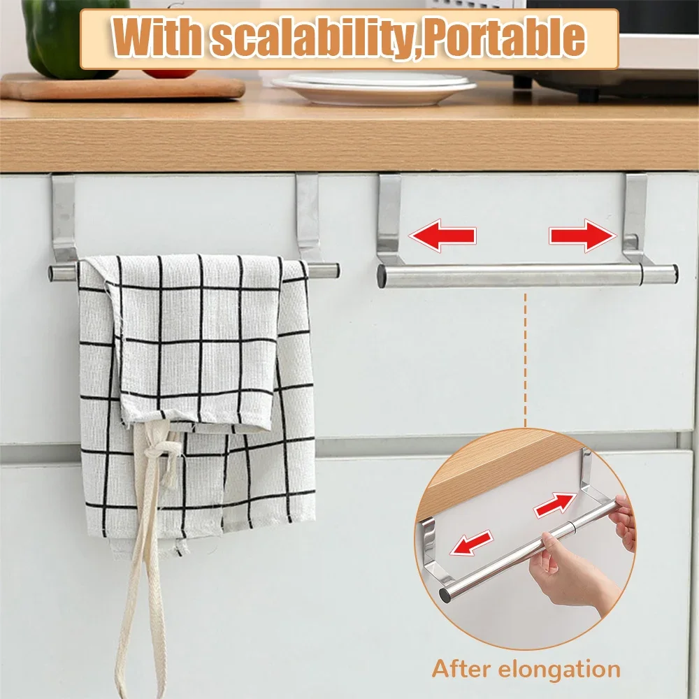 3 Size Towel Racks No Punching Kitchen Cabinet Door Towel Rack Bar Hanging Holder Rag Shelf Rail Hanger Home Organizer with Hook