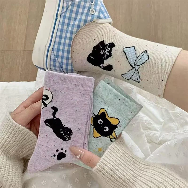 Chaussettes tube moyen en coton pour femmes, imprimé chat mignon, respirant, évac80-la transpiration, cadeaux girly, mode quatre saisons, 1 paire