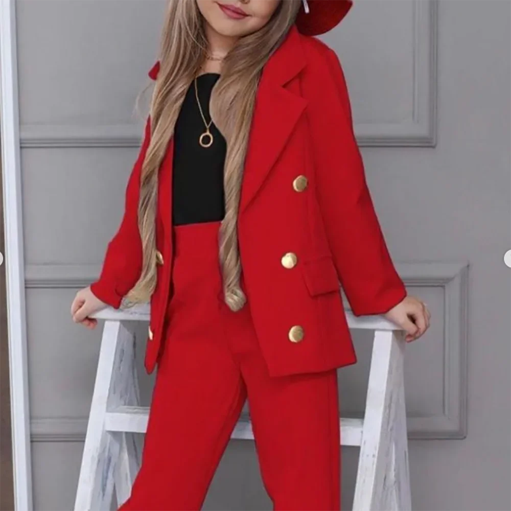 Nieuwe mode meisjes blazer dubbele rij knopen reverspakken kinderjassen + broek losse formele tiener casual outfits