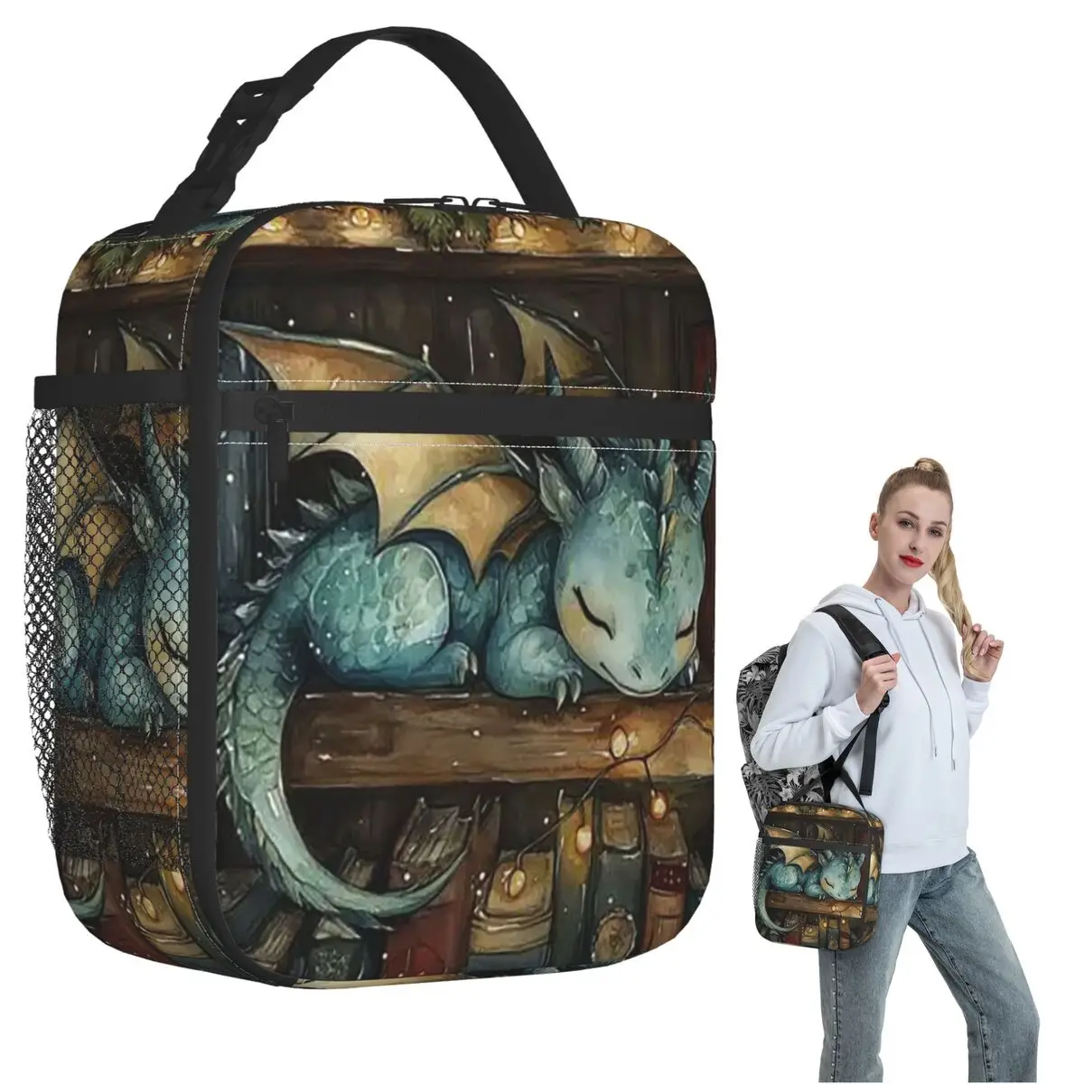 Book And Sleeping Dragon Insulated Lunch Bag for Women Kids Leakproof Food Boxes Thermal Lunch Box Tote