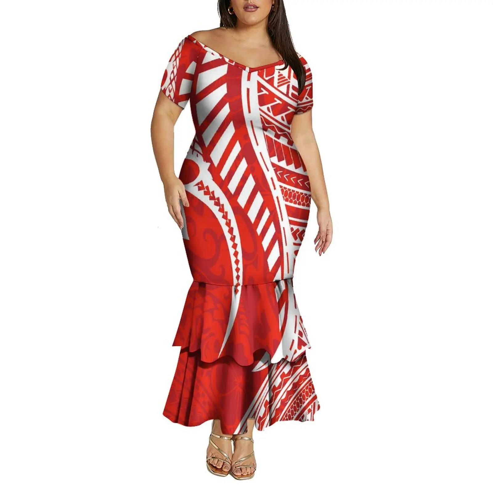 Vestido feminino de verão com decote em v, ombro de fora, camada dupla, rabo de peixe, polinésia, vestido de emagrecimento com padrão personalizado