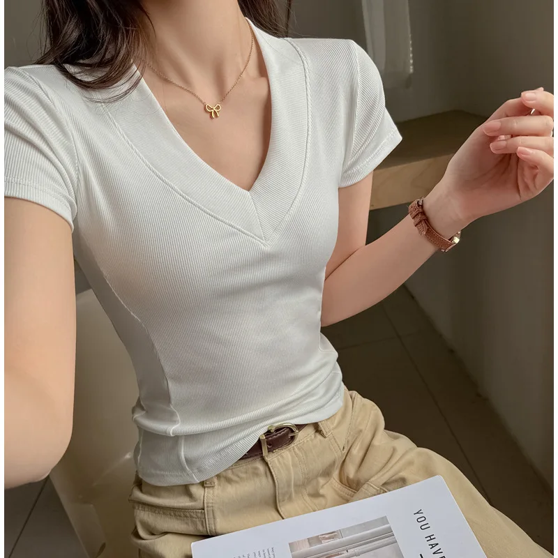 Elegant Women Basic Top Korean Style V Neck Spliced Positive Shoulder Short Sleeve T-shirt Slim Fit Waist Design