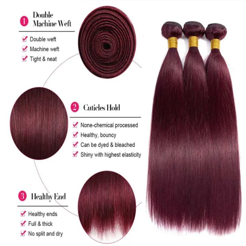 Burgundy Straight Human Hair Bundles 8-26 Inch 100g/Bundle Double Weft Weave Extensions Brazilian Color 99j 3 Bundles Human Hair