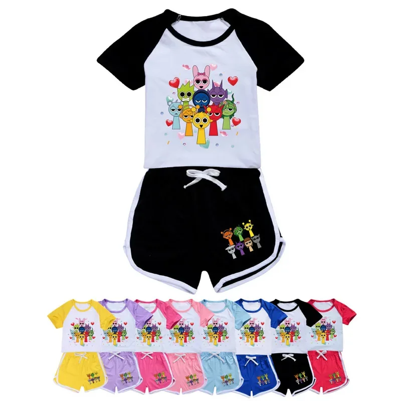 Sprunki-Conjunto de camiseta para niños, camiseta estampada para niñas + Pantalones cortos, pijamas, ropa divertida, camisas para niños, ropa de casa para bebés