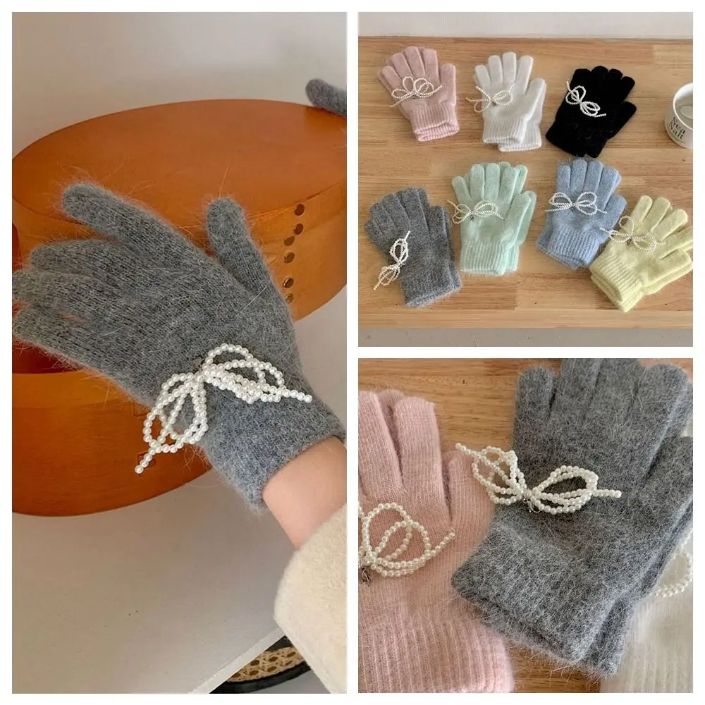 

Lovely Touch Screen Pearl Bow Knitted Gloves Bowknot Solid Color Winter Velvet Gloves Plush Wool Women Mittens Outdoor