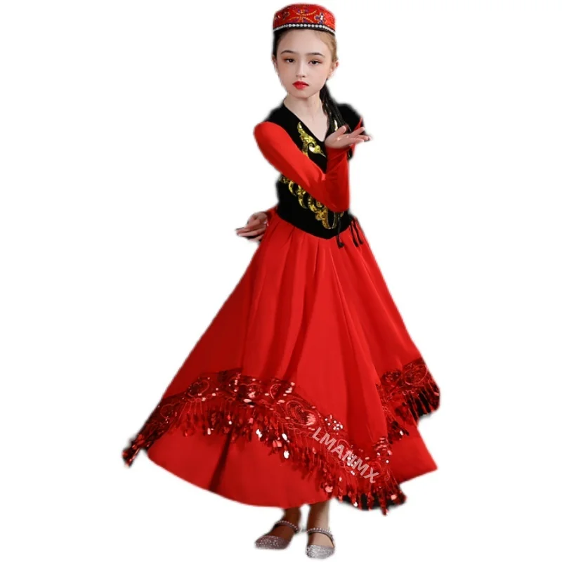 Nouveaux costumes de danse ouïghoure, costumes de spectacle de danse du Xinjiang pour enfants, grande jupe kazakh petite et élégante