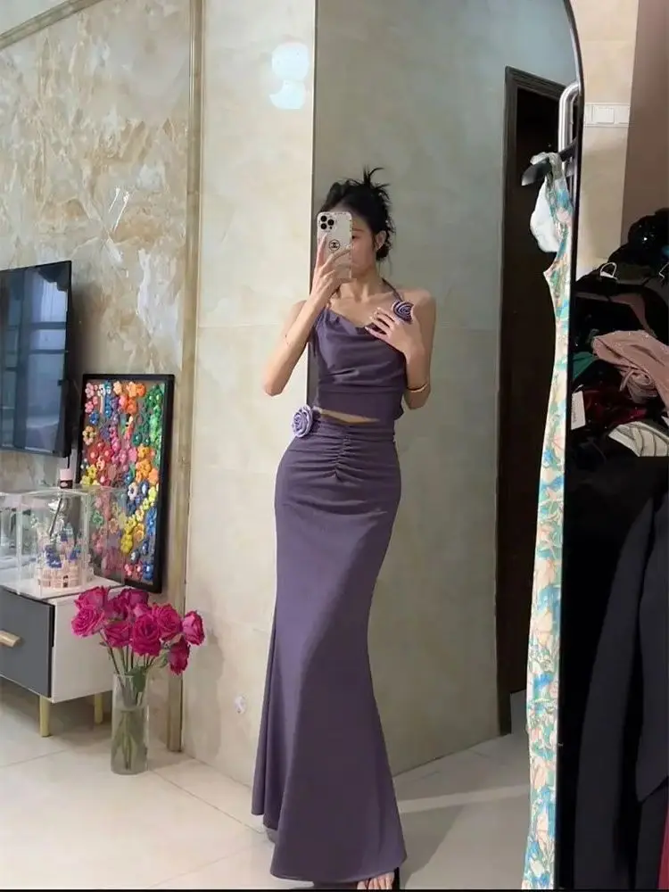 Retro Two-Piece Satin Dress Rose Charm Sets Summer Women Halter Camisole+Wrapped Long Skirts Elegant Party Full Dress 2024 New