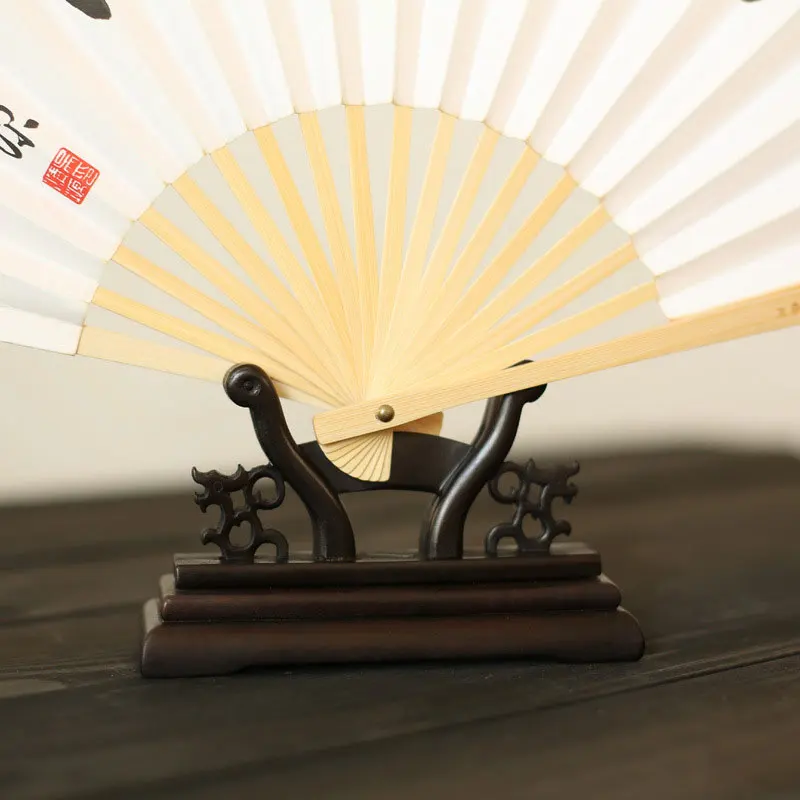 Retro Chinese Style Creative Folding Fan Stand Round Fans Wooden Display Base Wedding Party Decorative Hand Fan Holder