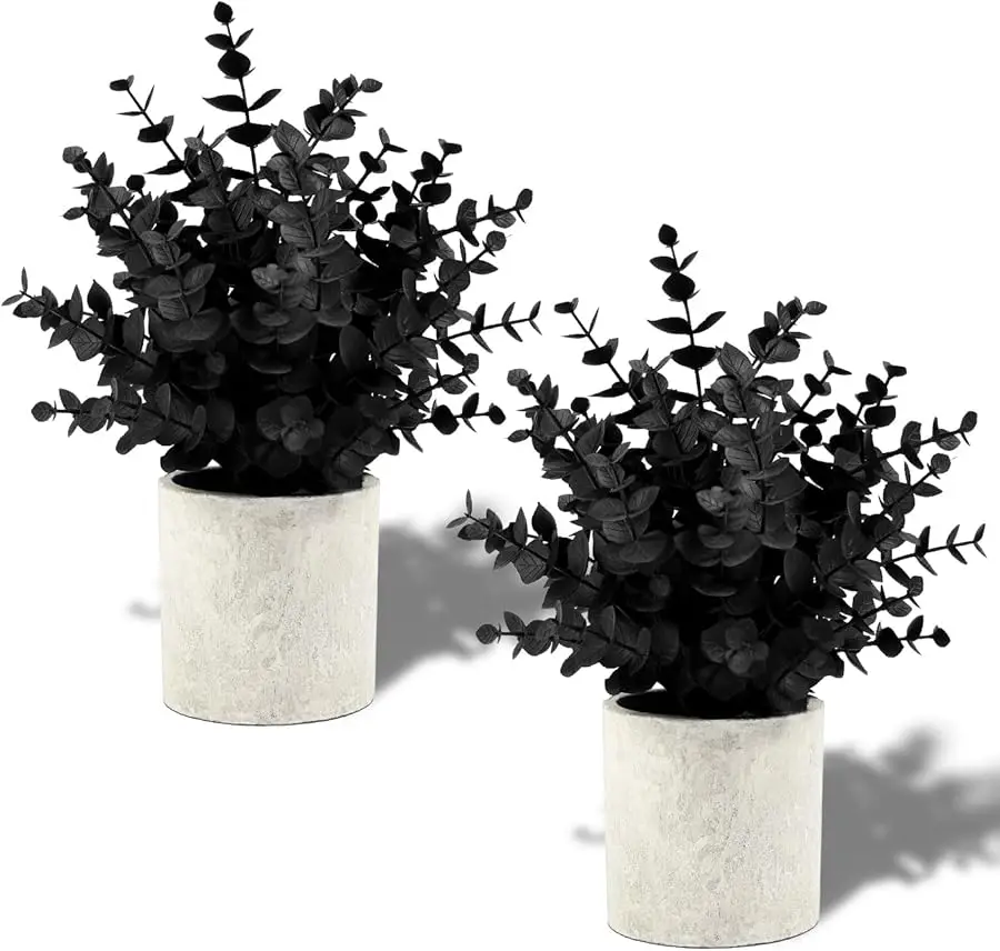 

2 Pack Black Fake Eucalyptus Small Fake Plants Potted Artificial Plants for Halloween Decorations Shelf Desk Home Farmhouse Room