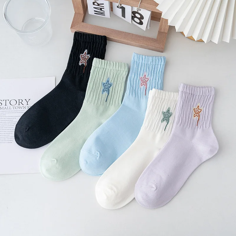 

Spring Autumn New Star Striped Pattern Cotton Socks for Women Girls Fashion Cute Soft Crew High Quality Breathable Sock 10 Pairs