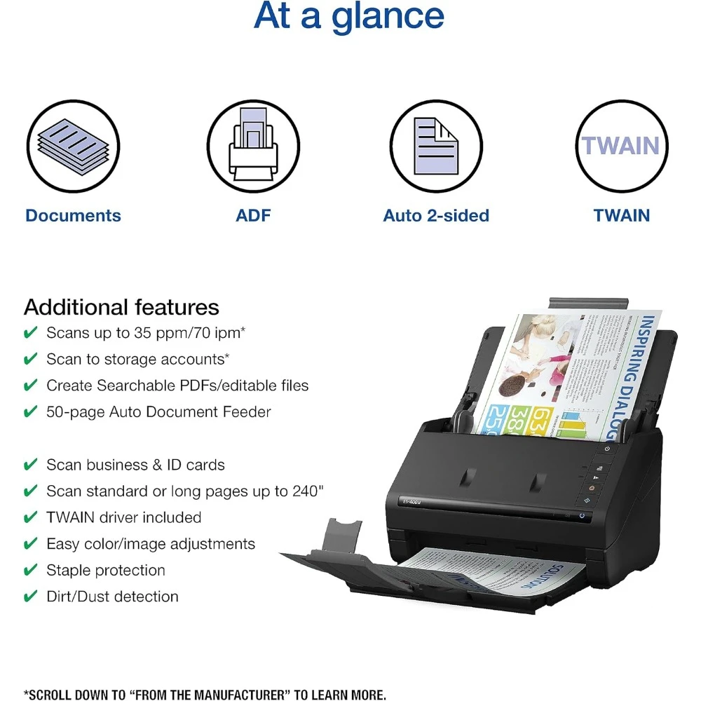Scanner de documentos de mesa duplex colorido Workforce ES-400 II para PC e Mac, com alimentador automático de documentos (ADF)