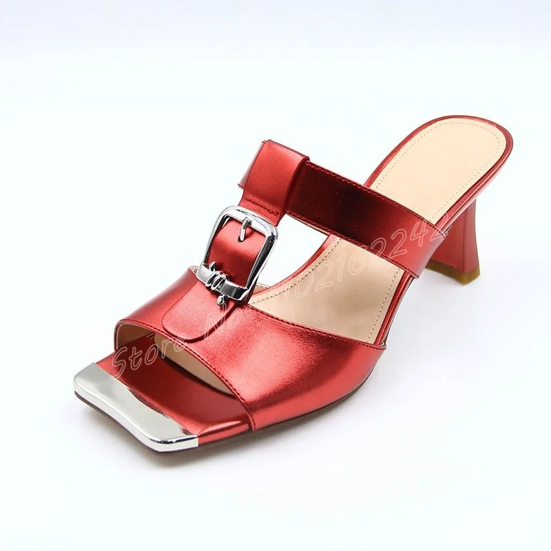 

Women'S Summer Metal Pointed Toe Sandals Red Square Toe Buckle Strappy Low Heel Sandals Sexy Casual Dress Slippers Gladiator 46
