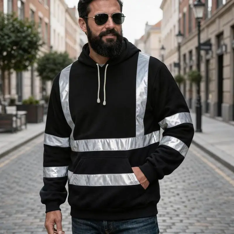B&C Hi Vis Reflective Hoodie with Safety Stripe and Kangaroo Pocket for Men Outdoor Work Daily