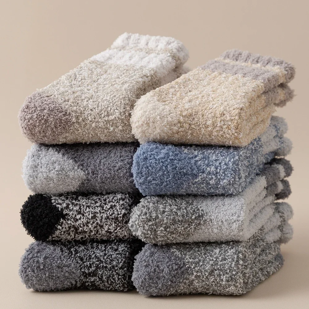 남성 코랄 플리스 두꺼운 겨울 양말, 중간 튜브 수면 바닥 모피 양말, 보온, 아늑한 푹신한 따뜻한 양말, 소년 양말, 3 쌍