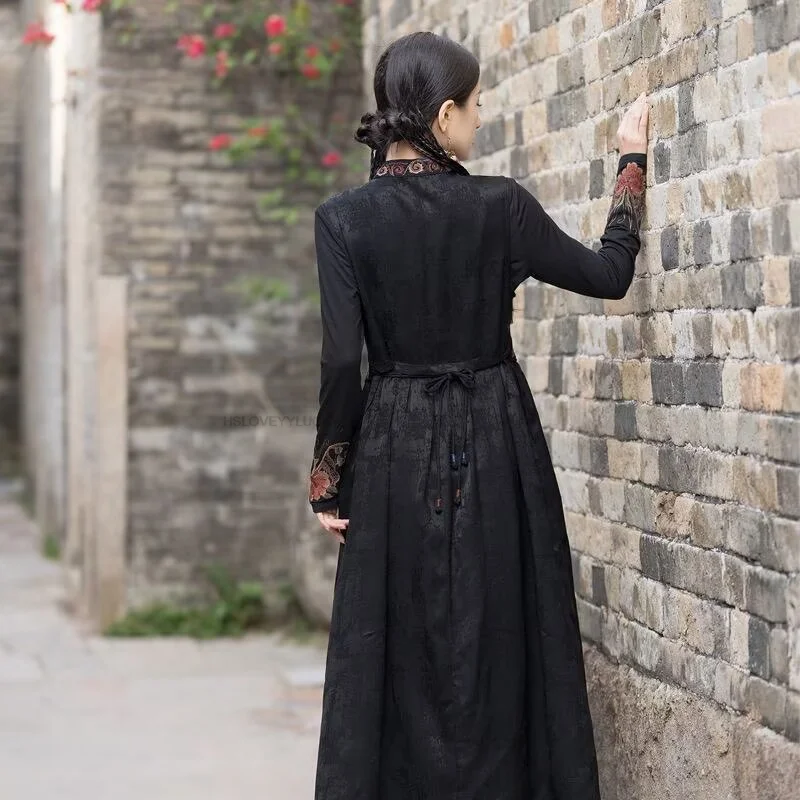 فستان جاكار ساتان صيني عتيق مرقع فستان مطرز على شكل فراشة وطنية بدون أكمام فستان شرقي على شكل حرف a فستان هانفو