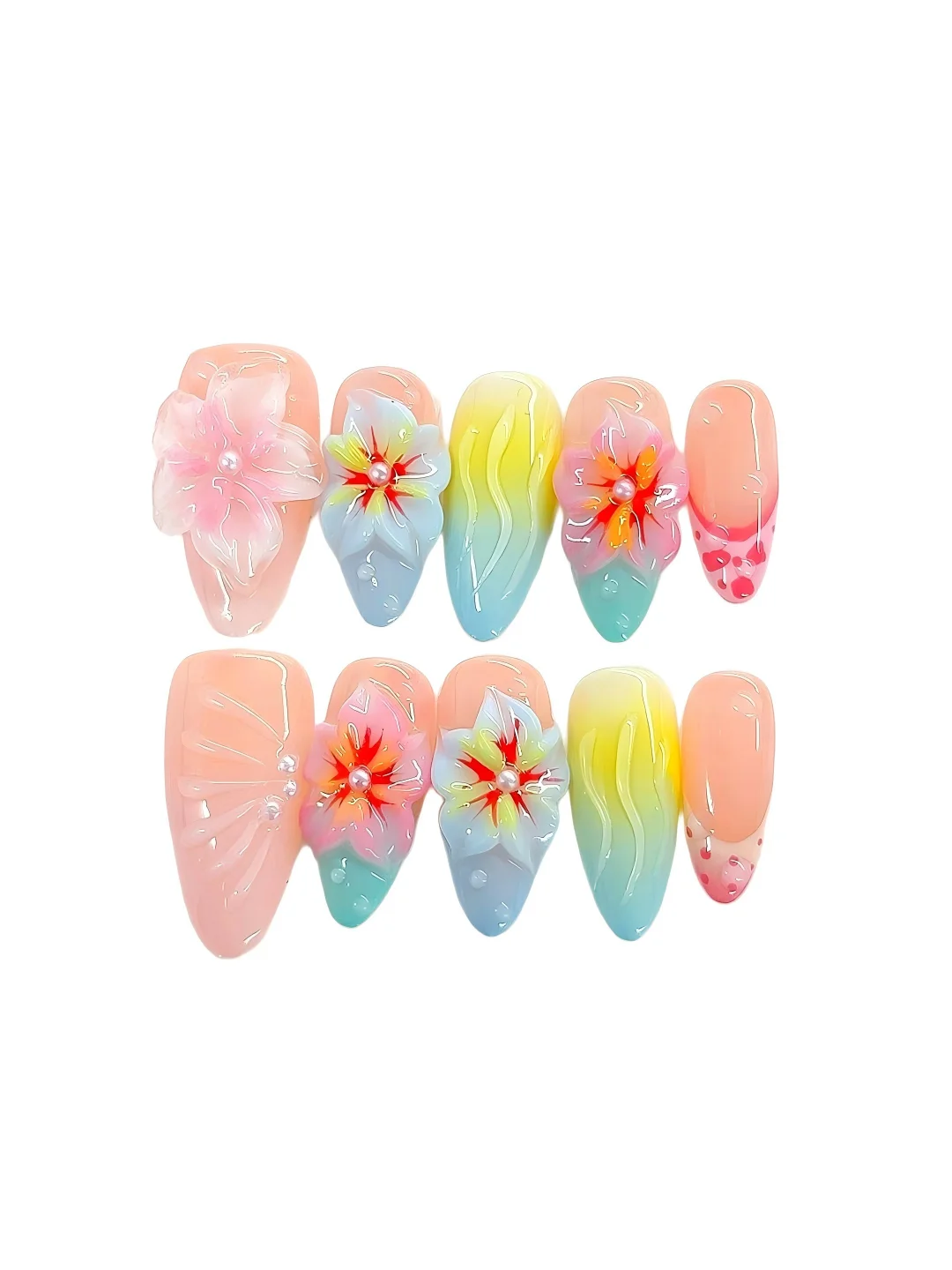 

3D Floral Rhinestone Gradient Press on Nails - Long Coffin False Nails for Women（K037）